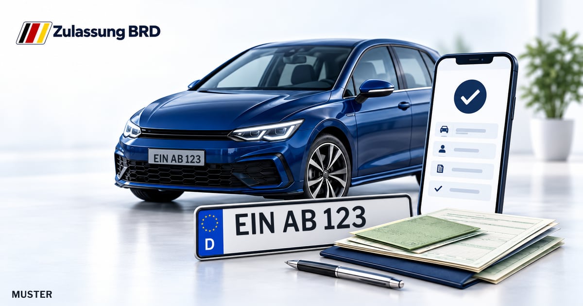 Online Fahrzeugzulassung in Landkreis Northeim: Musterkennzeichen EIN AB 123, Auto und Fahrzeugpapiere und Smartphone. Illustration mit Logo von Zulassung BRD.